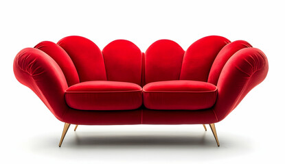 Red sofa with heart-shaped design, isolated on a white background, front view. 