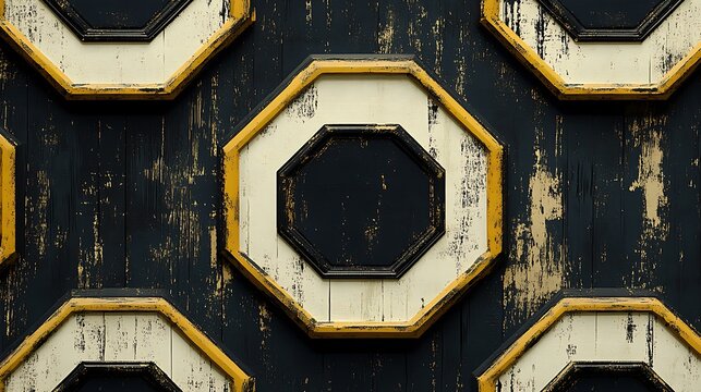 Octagon Frames on Distressed Wood: A bold, geometric pattern emerges from a series of octagonal wooden frames, each adorned with a contrasting black and white border, nestled against a dark.