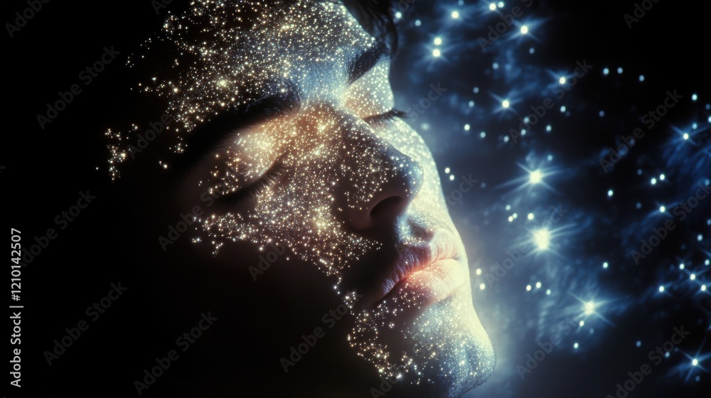 Aufkleber mystical glowing face of a man surrounded by a cosmic aura emanating tranquility and serenity in a n