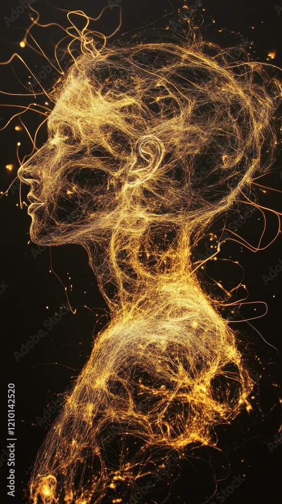 Leinwandbilder mystical profile of a man filled with glowing lines representing energy and thought in a dark settin
