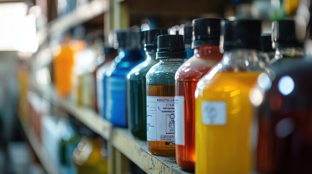 Various colorful chemical bottles are sitting on a shelf in a laboratory, showcasing the diverse reagents used in scientific research or industrial processes
