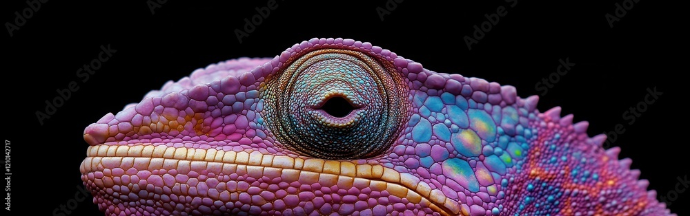 Poster close-up view of a chameleon's vibrant face highlighting its unique features and textures against a 