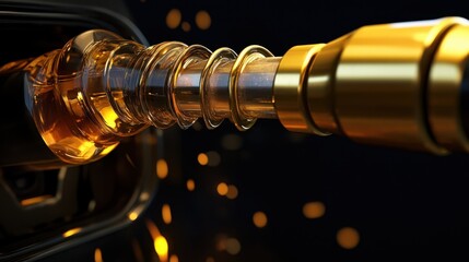 Premium Fuel Injection: Golden Injector Dispensing Fuel on Deep Black Background