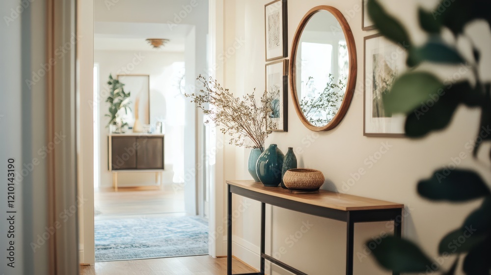 Poster hallway showcasing modern decor with console table and decorative elements in a stylish home setting