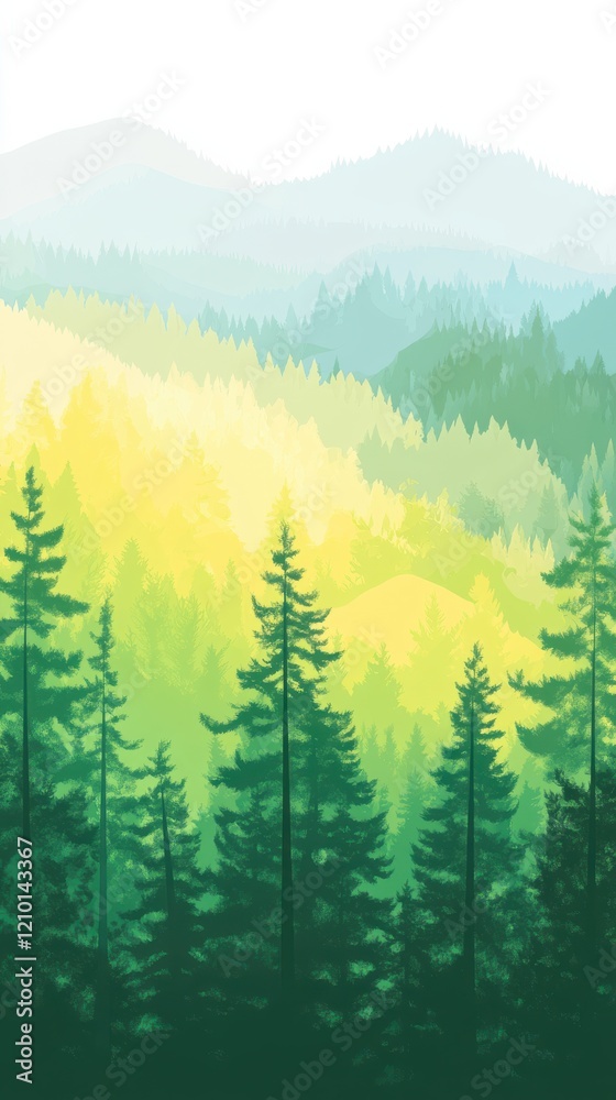 Poster Gradient background blending forest green with layers of lush trees in a serene landscape during daytime