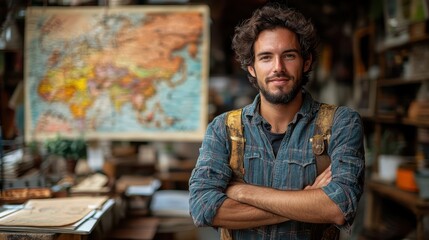 A confident man stands in a workshop with a world map in the background.