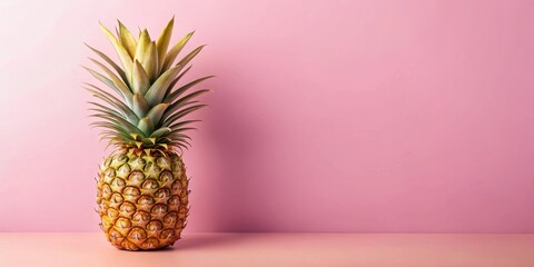 A single ripe pineapple rests on a pale pink surface against a matching pink backdrop