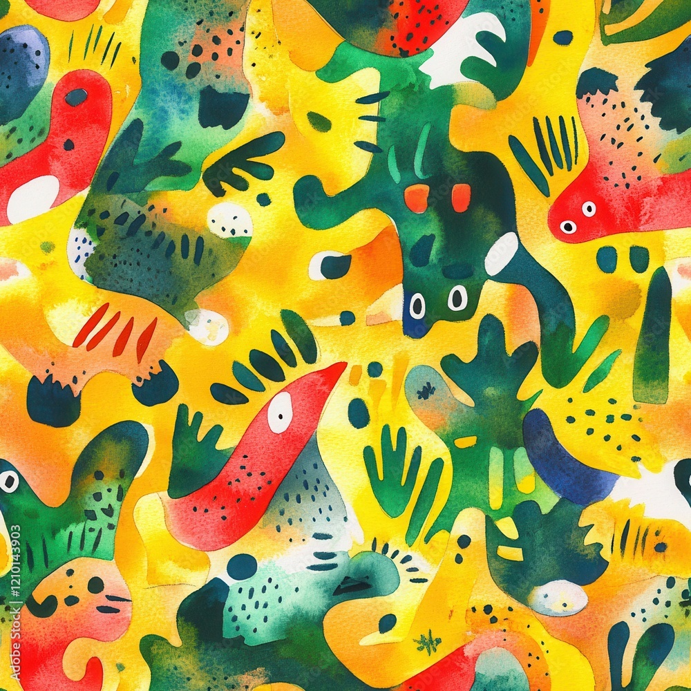Poster dynamic watercolor doodle cartoon featuring vibrant creatures in a playful jungle setting full of en