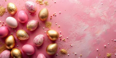 Pink and gold decorated eggs with sprinkles on pink background