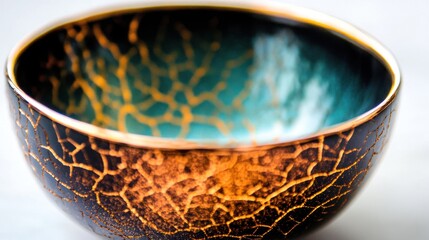 Teal gold crackle bowl studio shot, craft, pottery