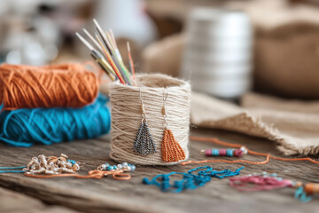 Handmade earrings displayed in rustic workspace with colorful threads