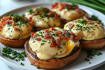 A plate of eggs Benedict featuring perfectly poached eggs, rich hollandaise sauce, and Canadian bacon served on a toasted English muffin, garnished with fresh herbs like chives and parsley.