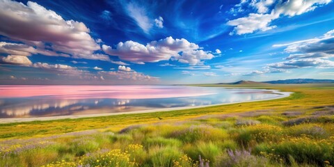 Serene Pink Lake and Wildflower Meadow Landscape under a Vivid Blue Sky