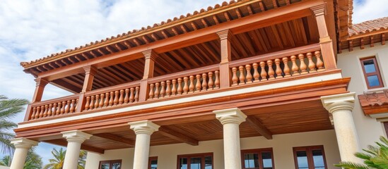 Obraz premium Tropical home's wood balcony, pillars, & pergola; sunny day