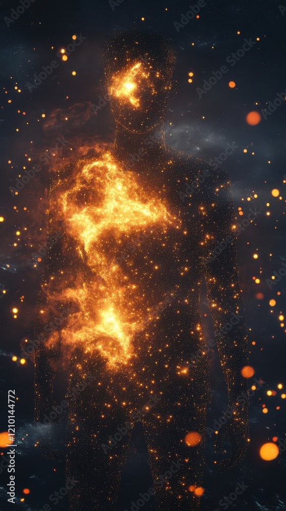 Aufkleber man glowing with cosmic energy amidst a backdrop of stars and celestial bodies in a dark universe