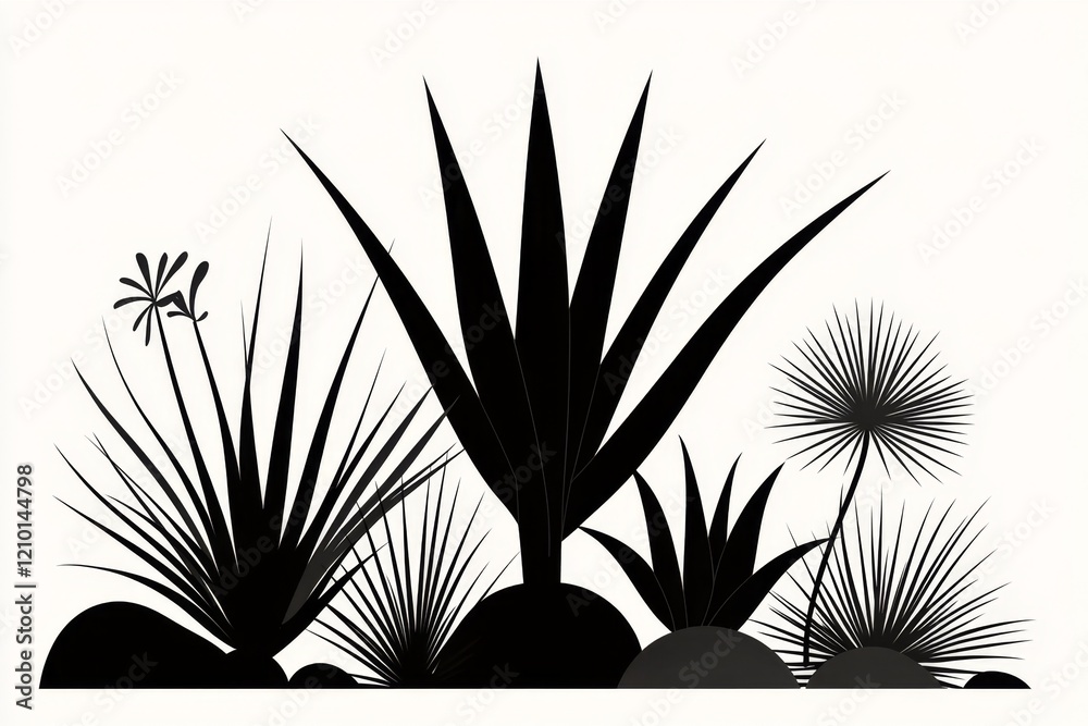Poster a simple black-and-white line drawing of a yucca tree, with bold, sharp leaves and a clean aesthetic