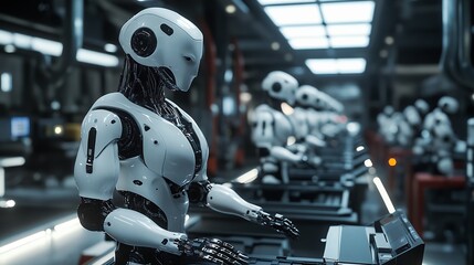Fototapeta premium Advanced Robots Working on Assembly Line in Futuristic Factory