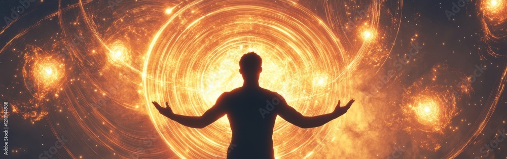 Poster concept of a man radiating light surrounded by cosmic elements in a visionary environment