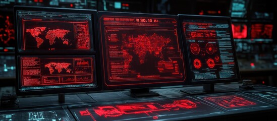 Global threat alert displayed on red screens in a dark control room