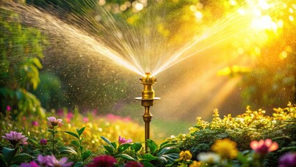 Fototapeta premium Golden Hour Sprinkler Waters Vibrant Blossoms in a Lush Garden