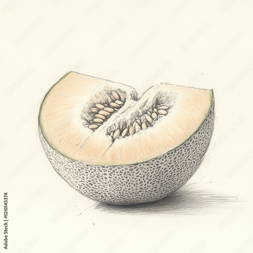 Poster Halved cantaloupe melon revealing seeds and textured rind in a minimalist setting