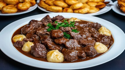 Delicious goulash with tender meat, fluffy noodles, and boiled potatoes is elegantly presented on plates for a special event