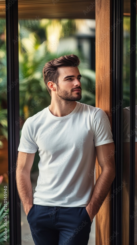 Poster relaxed young man enjoying the view indoors amidst greenery in a modern setting