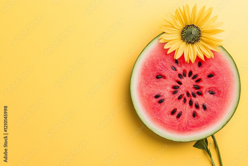 Aufkleber A simple representation of a slice of watermelon with bold colors and geometric patterns, set against a sunny yellow background