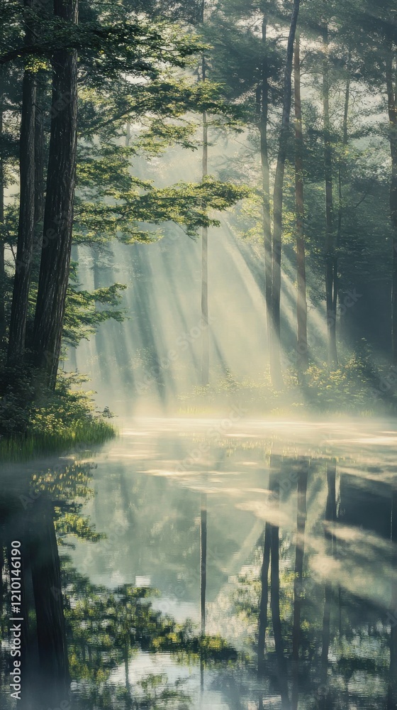 Aufkleber fog envelops a tranquil forest reflecting sunlight on a still pond creating an ethereal atmosphere i