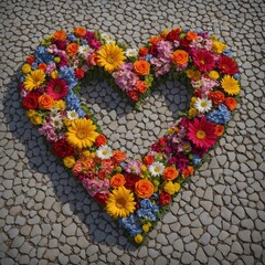 A giant heart-shaped mosaic made of colorful flowers, with "Happy Valentine's Day" written in the sky above in bold, vibrant colors.