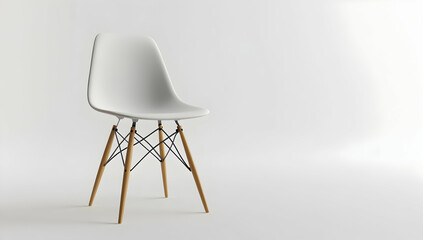 A gray dining chair with wooden legs, white background,