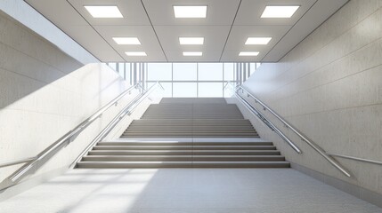 Fototapeta premium Modern stairway ascent, bright underpass, sunlight, urban transit