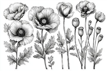 Naklejka premium Detailed botanical illustrations of various flower species in monochrome