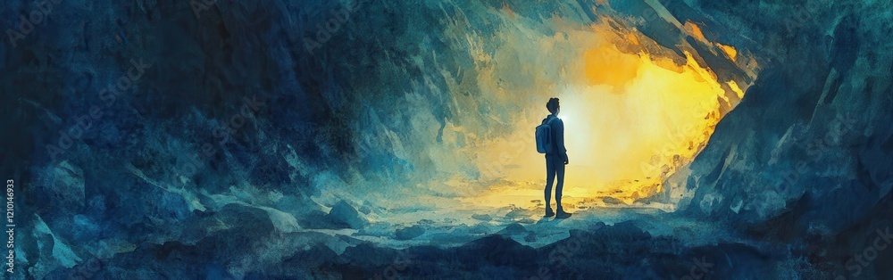 Poster exploring the depths of a mystical cave with a watercolor portrait backdrop at twilight