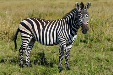 Obraz premium Plains zebra standing in short green grass in the african savanna