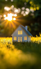 small home on grass, house and real estate ownership concept, mortgage and loan for housing