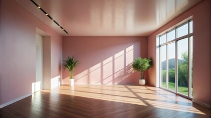 Fototapeta premium Sunlit Empty Room with Blush Walls and Hardwood Floors