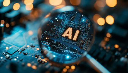 magnifying glass by dedicated AI microchip over circuit board, artificial intelligence and GPU cloud computing concept, technology and futuristic research