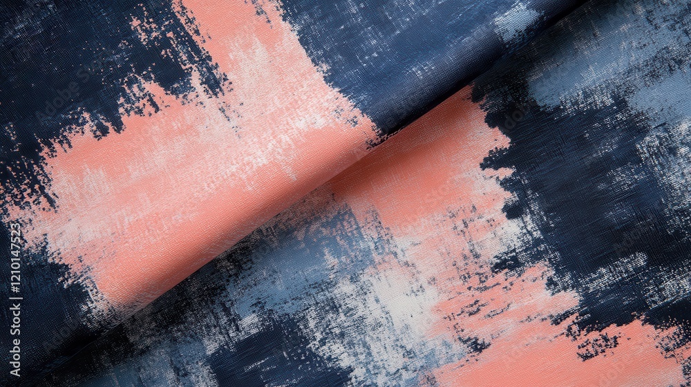 Poster Textured abstract patterns in navy blue and soft coral creating a dynamic visual experience on fabric