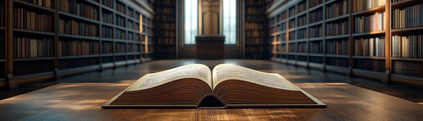 Obraz premium Beige book displayed on a pedestal in an ornate library, surrounded by bookshelves, evoking a sense of discovery and adventure, generative AI design