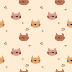 Obraz premium Face cat cartoon so cute. On drinks heart background. Pattern seamless vector illustration. 
