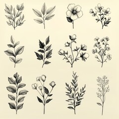 Elegant and timeless black and white botanical illustrations featuring floral design elements