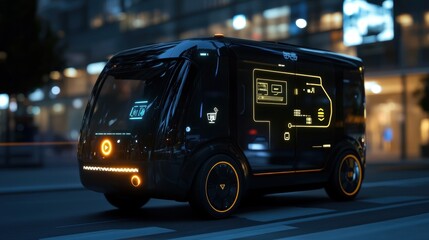 Futuristic autonomous delivery vehicle making its way through illuminated city streets at night, showcasing advanced technology and augmented reality interface for efficient and seamless logistics