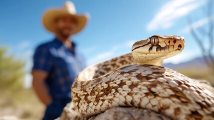 Naklejka premium Snake coiled on rock, cowboy in background