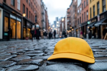 A yellow baseball cap rests on a wet cobblestone street, creating a striking contrast with the surrounding urban landscape and evoking a moment of pause and reflection.