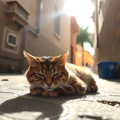 Gato tomando el sol en la calle