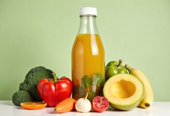 Fresh vegetables and fruit arrangement with juice bottle in outdoor setting