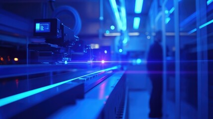 Obraz premium Futuristic industrial robotic arm using laser beam in a modern factory with an engineer walking in the background, showcasing cutting edge technology and automation in manufacturing