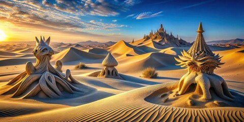 Sunrise over a desert landscape featuring ornate sand sculptures and a majestic sandcastle