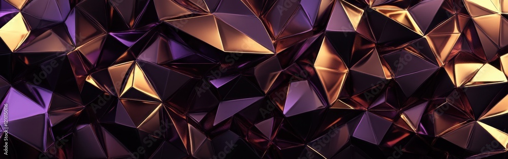 Poster low-poly geometric pattern in deep shades with metallic accents creating a dynamic visual texture